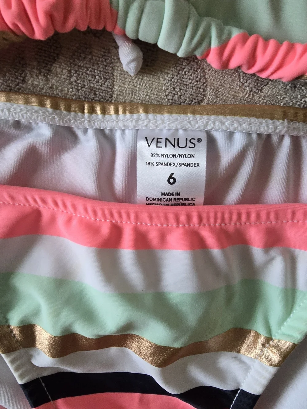 VENUS Swimwear Coral, Mint, Balck & Gold Stripe Tie Bikini Set, NWOT